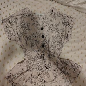 Sweet Rain Cream Floral Drawstring Button Top